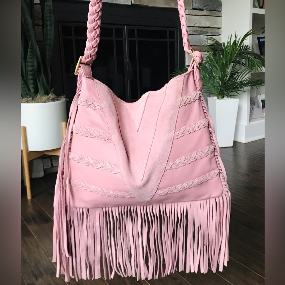 Ember Skye Nicole Suede Leather Fringe Crossbody Purse, Dusty Pink, Braided, Y2K